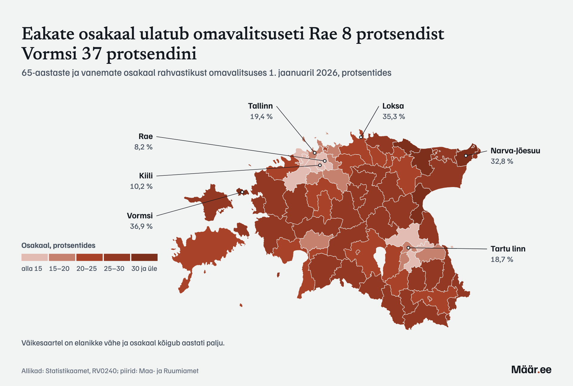 Eakate osakaal ulatub omavalitsuseti Rae 8 protsendist Vormsi 37 protsendini